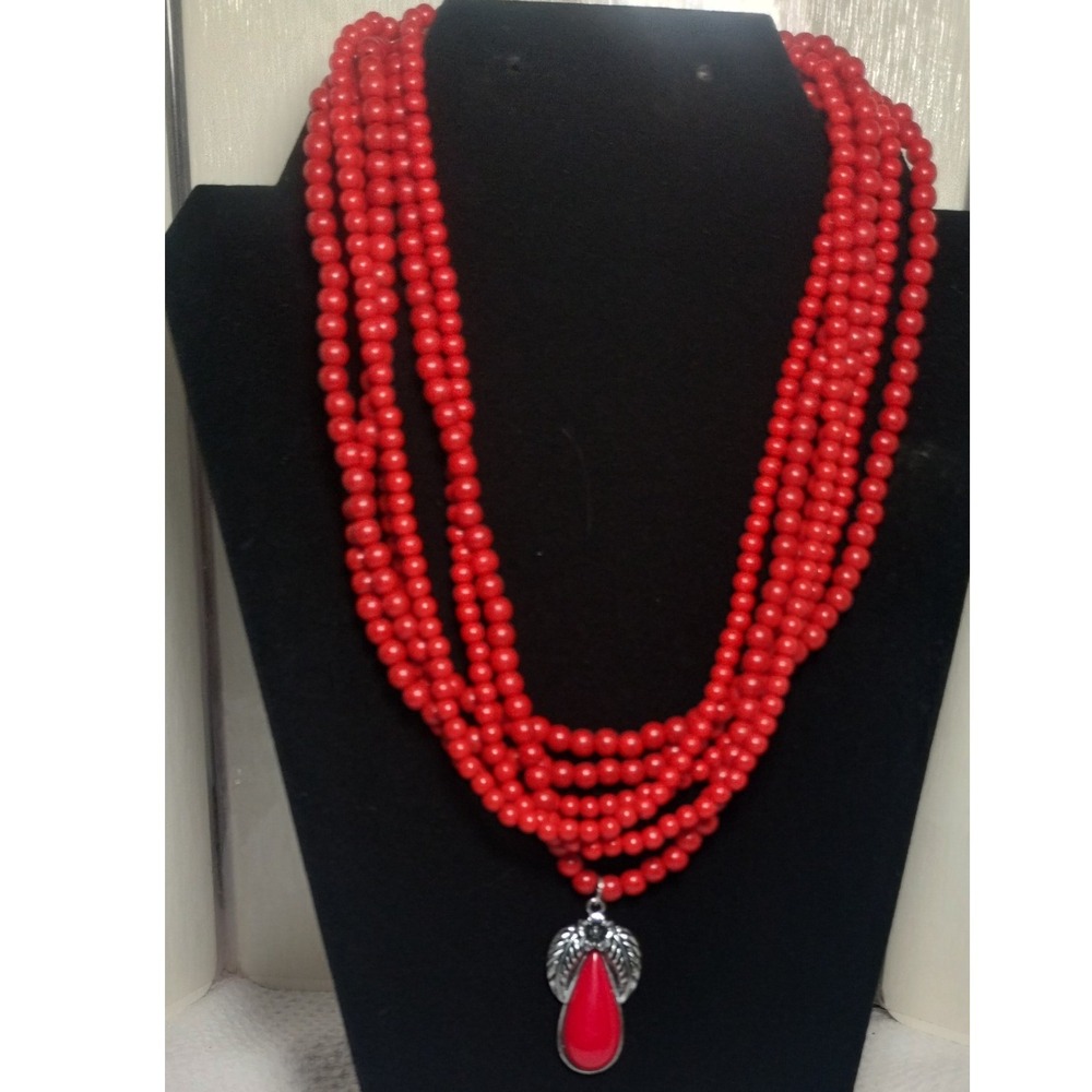 Red Multi Strand Beaded Statement Necklace Silver Tone Toggle Clasp‎ 20 Inch